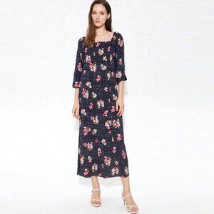 40 Winks Long Prairie Dress Floral Tartan Black Red Cottagecore Smocked Hippie